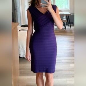 Adrianna Papell Purple Sheath Pleated V-Neck Dress